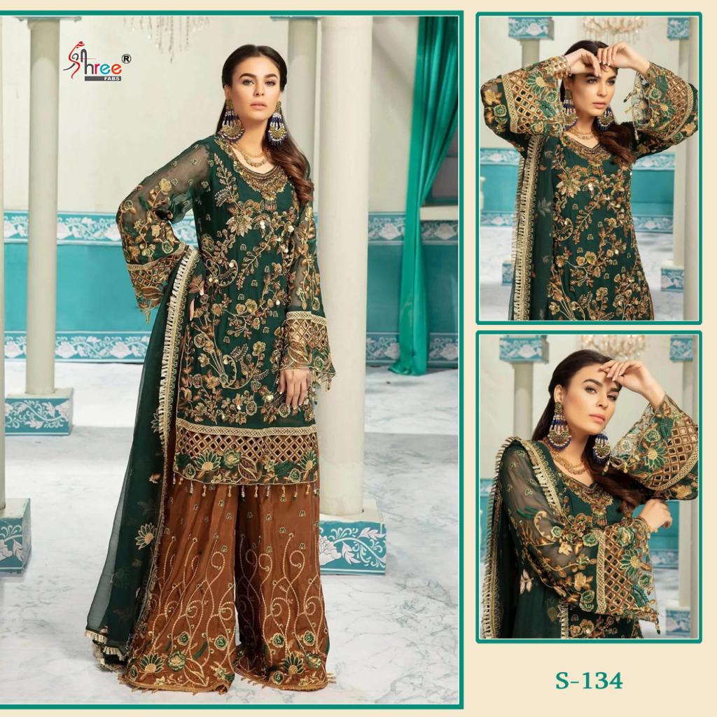 SHREE FABS S 134 GREEN PAKISTANI SUITS IN SINGLE PIECE