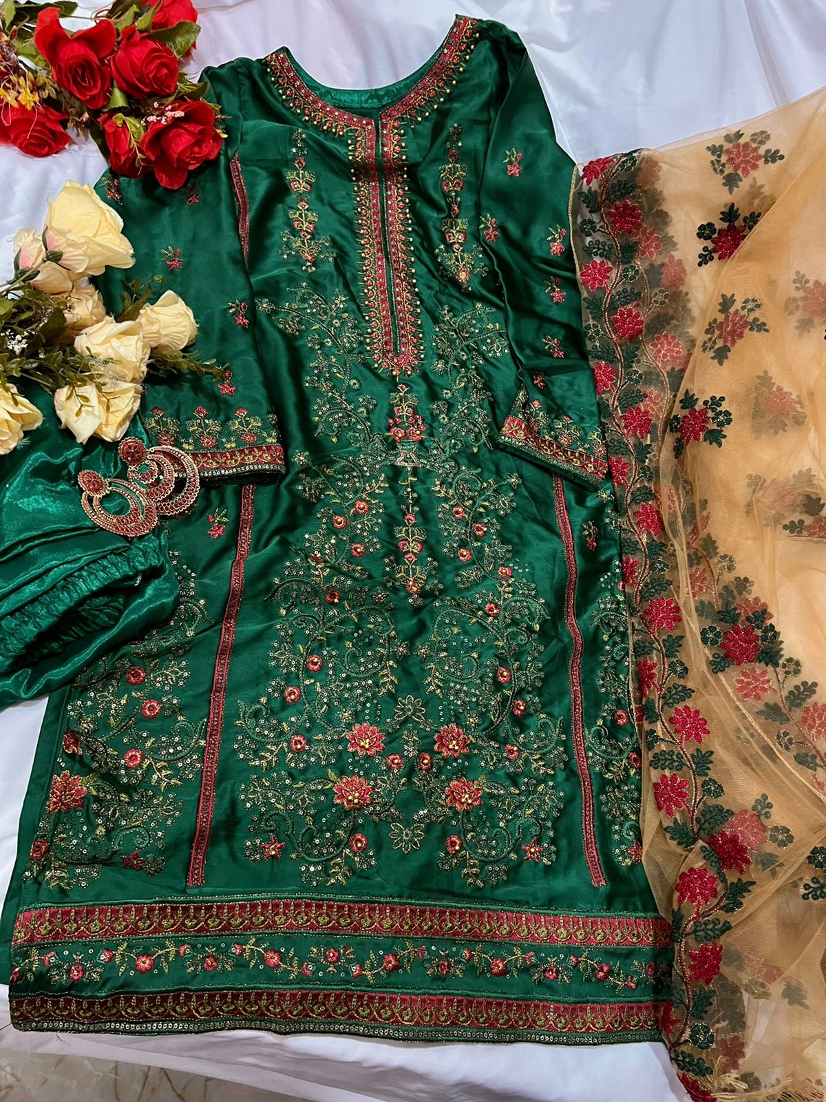 ZIAAZ DESIGNS NOOR GREEN SATIN SALWAR KAMEEZ WHOLESALER