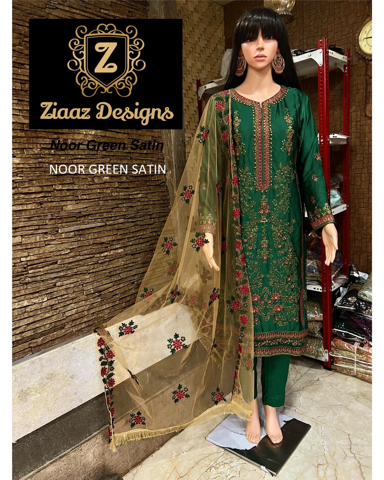 ZIAAZ DESIGNS NOOR GREEN SATIN SALWAR KAMEEZ WHOLESALER