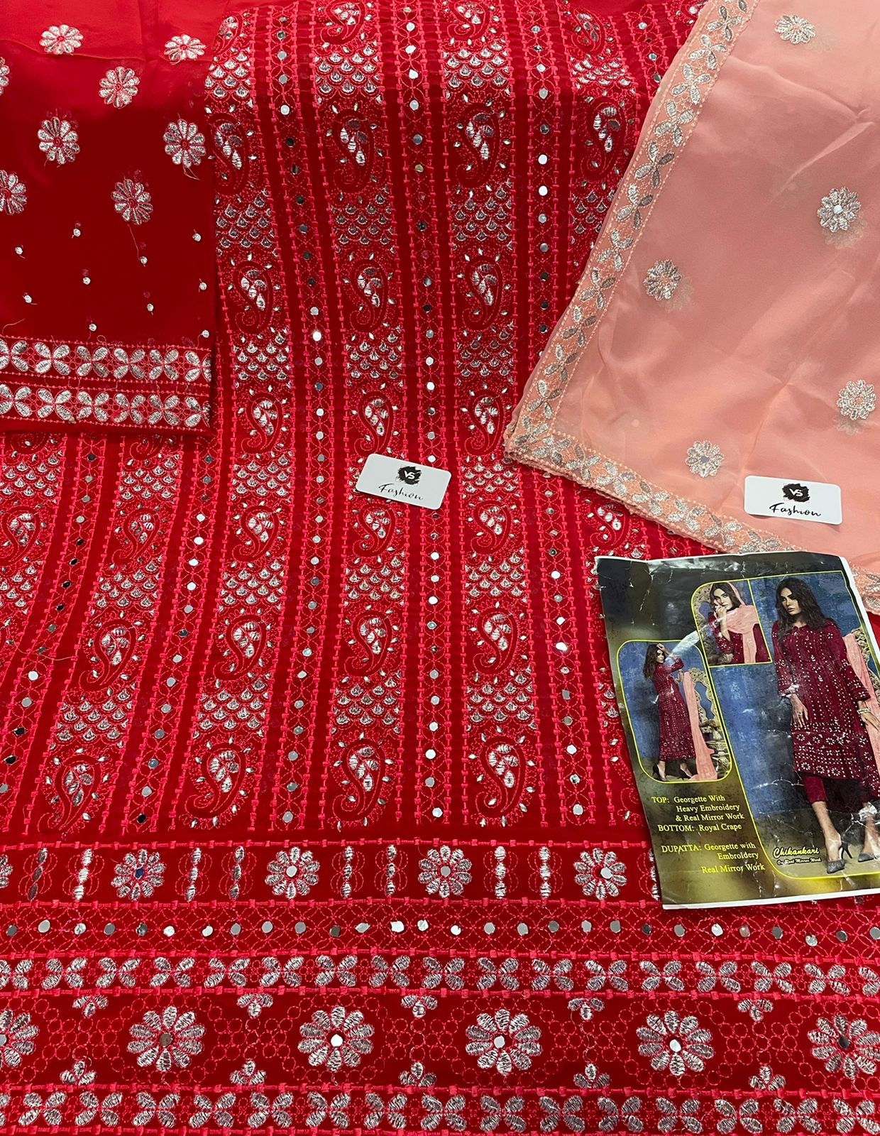 VS FASHION RED CHIKANKARI PAKISTANI SALWAR KAMEEZ WHOLESALER