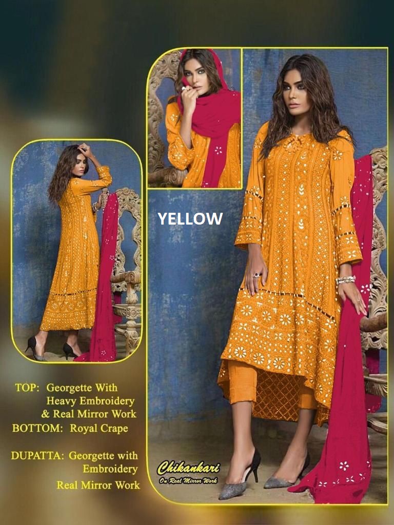 VS FASHION YELLOW CHIKANKARI PAKISTANI SALWAR KAMEEZ WHOLESALER