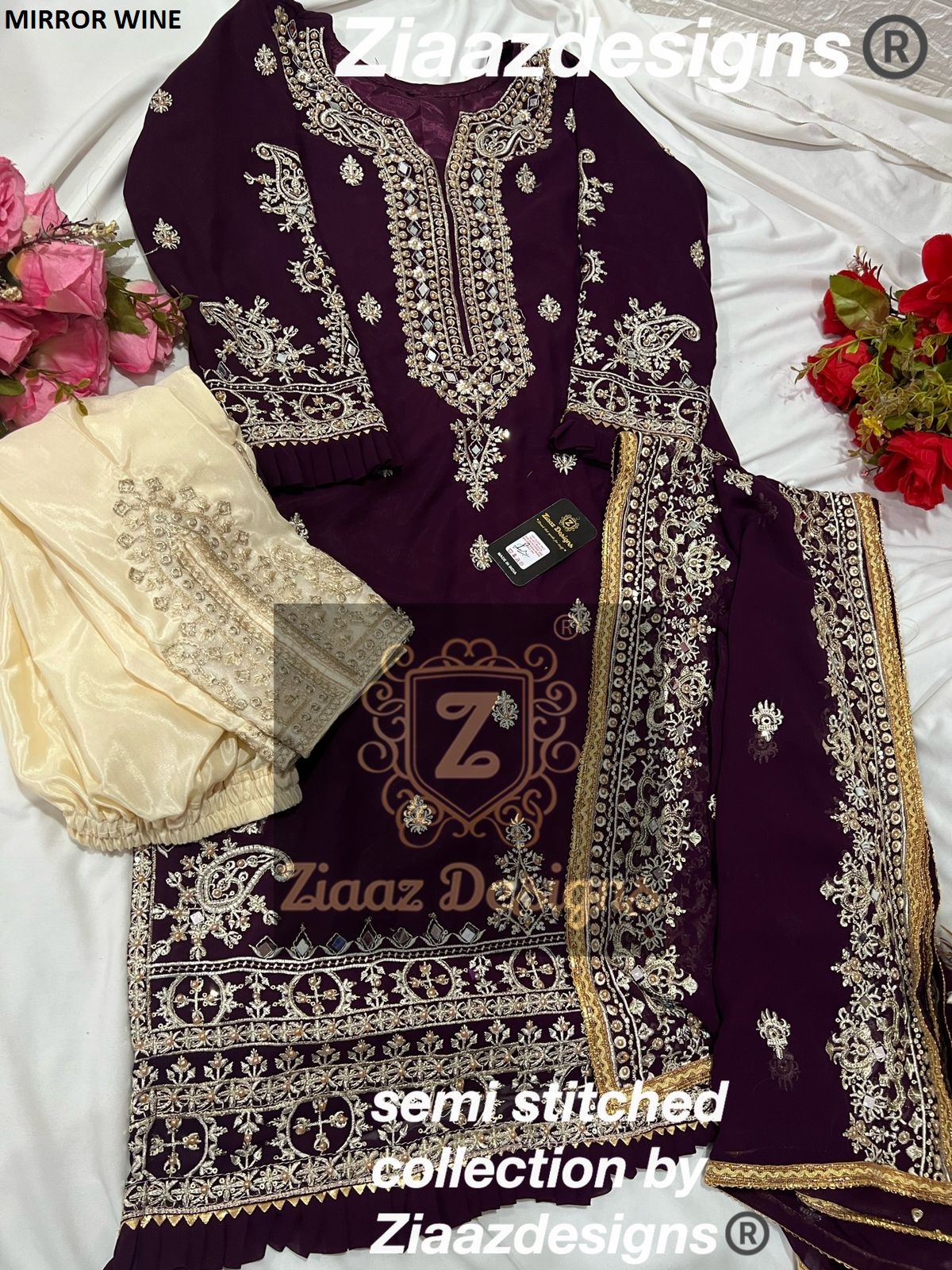 ZIAAZ DESIGNS MIRROR WINE SALWAR KAMEEZ WHOLESALER