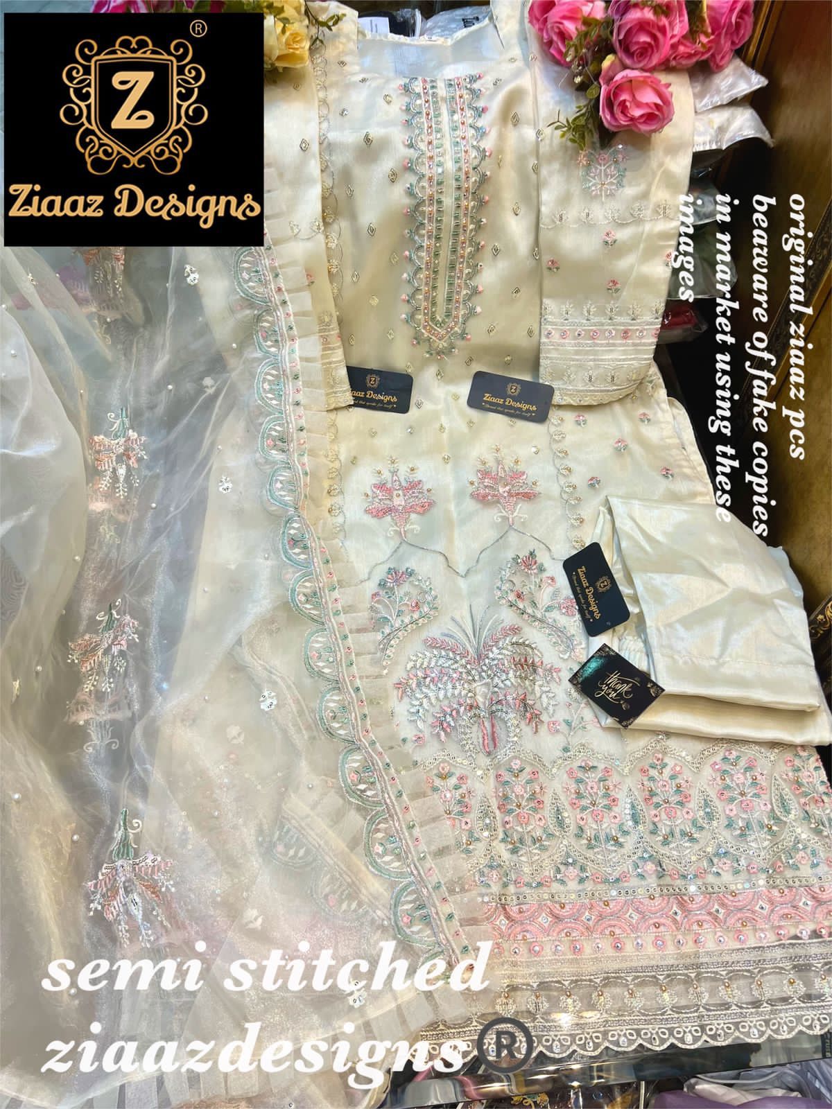 ZIAAZ NOOR LIGHT CREAM PASTEL SALWAR KAMEEZ WHOLESALER