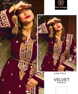 ZIAAZ 7773 D MAROON MIRROR VELVET PAKISTANI SUITS