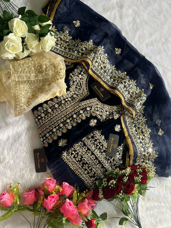 ZIAAZ DESIGNS NAVY BLUE MIRROR VELVET PAKISTANI SUITS