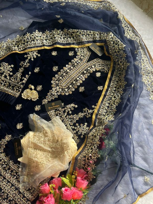 ZIAAZ DESIGNS NAVY BLUE MIRROR VELVET PAKISTANI SUITS