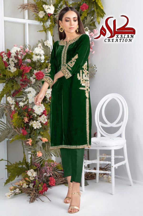 KALAM CREATION 1115 GREEN READYMADE VELVET TUNIC