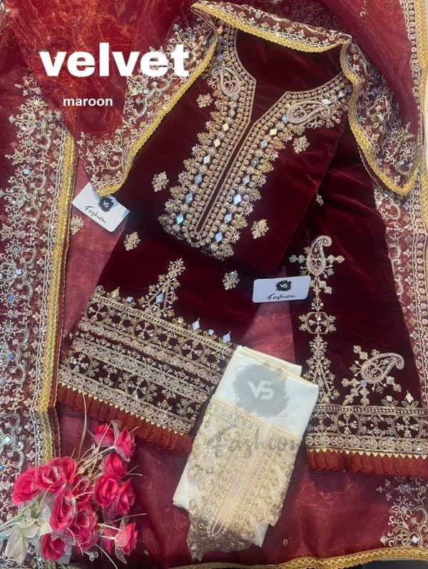 VS FASHION MAROON VELVET PAKISTANI SUITS IN INDIA