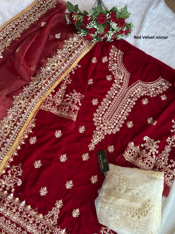 ZIAAZ RED VELVET MIRROR PAKISTANI SUITS MANUFACTURER