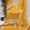 Top : ORGENZA WITH HEAVY EMBROIDERY WORK & PEARL WORK IN FRONT AND SLEEVES ?Inner & Bottom:- SANTOON ?Dupatta : ORGENZA WITH HEAVY EMBROIDERY & PEARL WORK AND LACE BORDERS