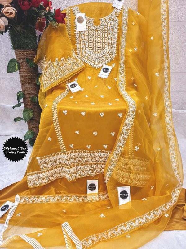 Top : ORGENZA WITH HEAVY EMBROIDERY WORK & PEARL WORK IN FRONT AND SLEEVES ?Inner & Bottom:- SANTOON ?Dupatta : ORGENZA WITH HEAVY EMBROIDERY & PEARL WORK AND LACE BORDERS