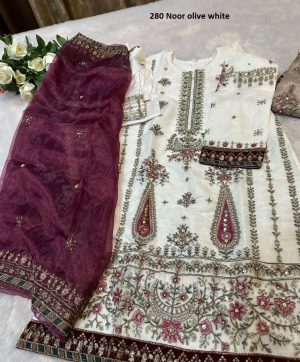 ZIAAZ DESIGNS 280 NOOR OLIVE WHITE PAKISTANI SUITS