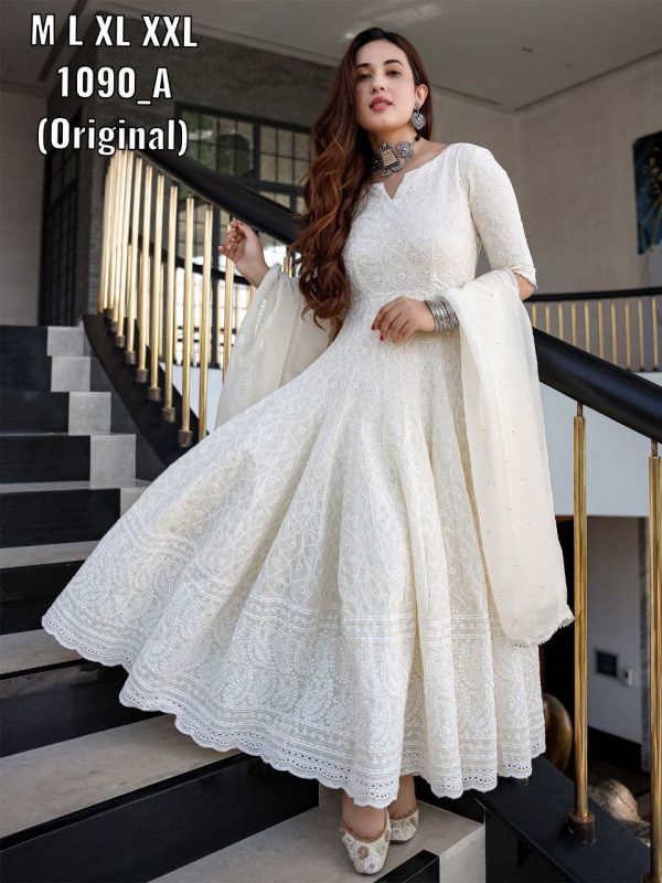 AD 1090 A CHIKANKARI GOWN MANUFACTURER