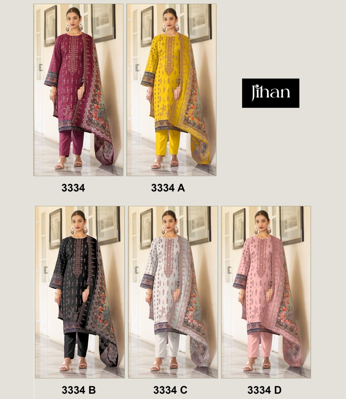 JIHAN 3334 PAKISTANI SUITS IN COLOURS