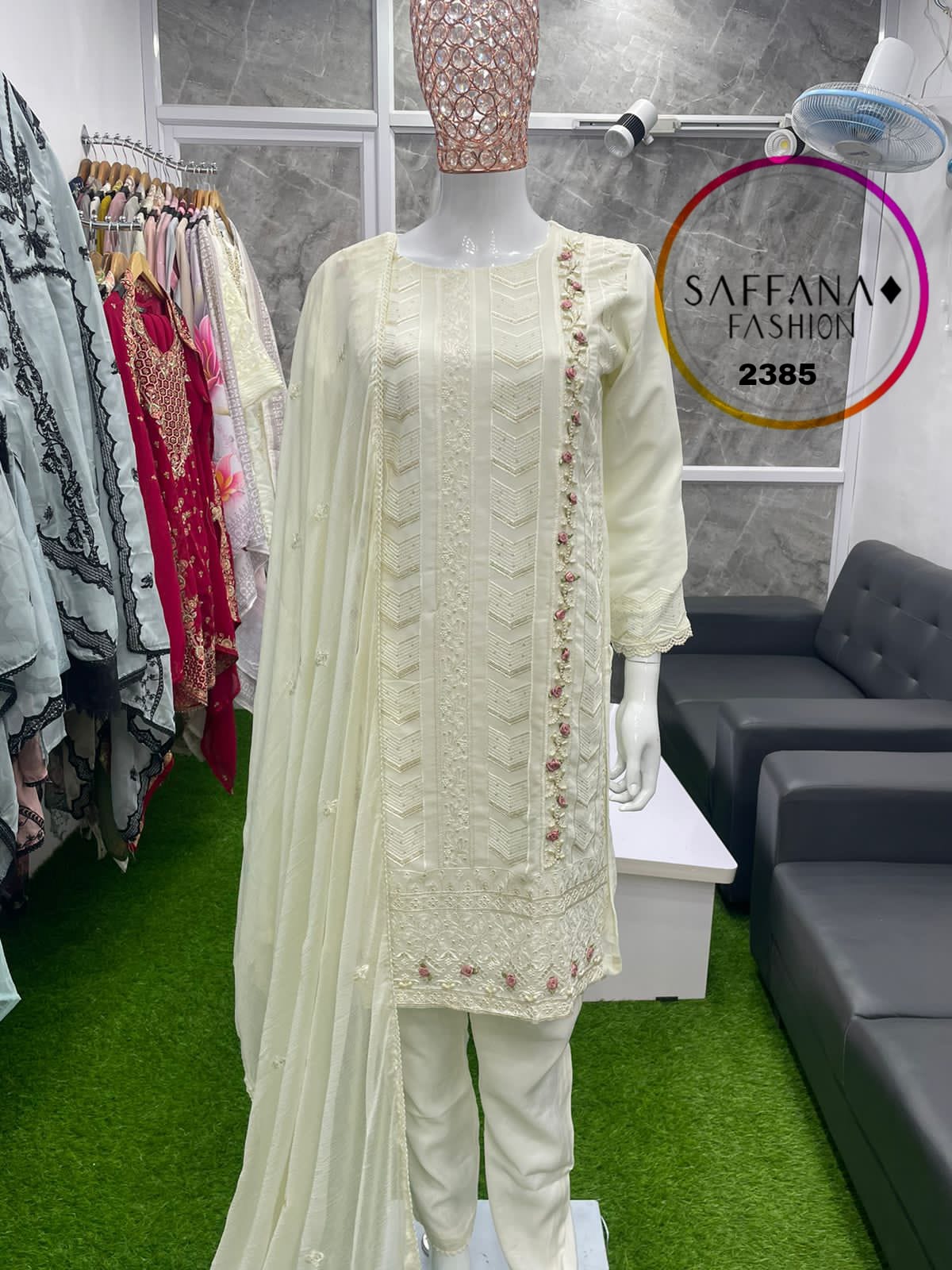 SAFFANA 2385 WHITE READYMADE SUITS WHOLESALER