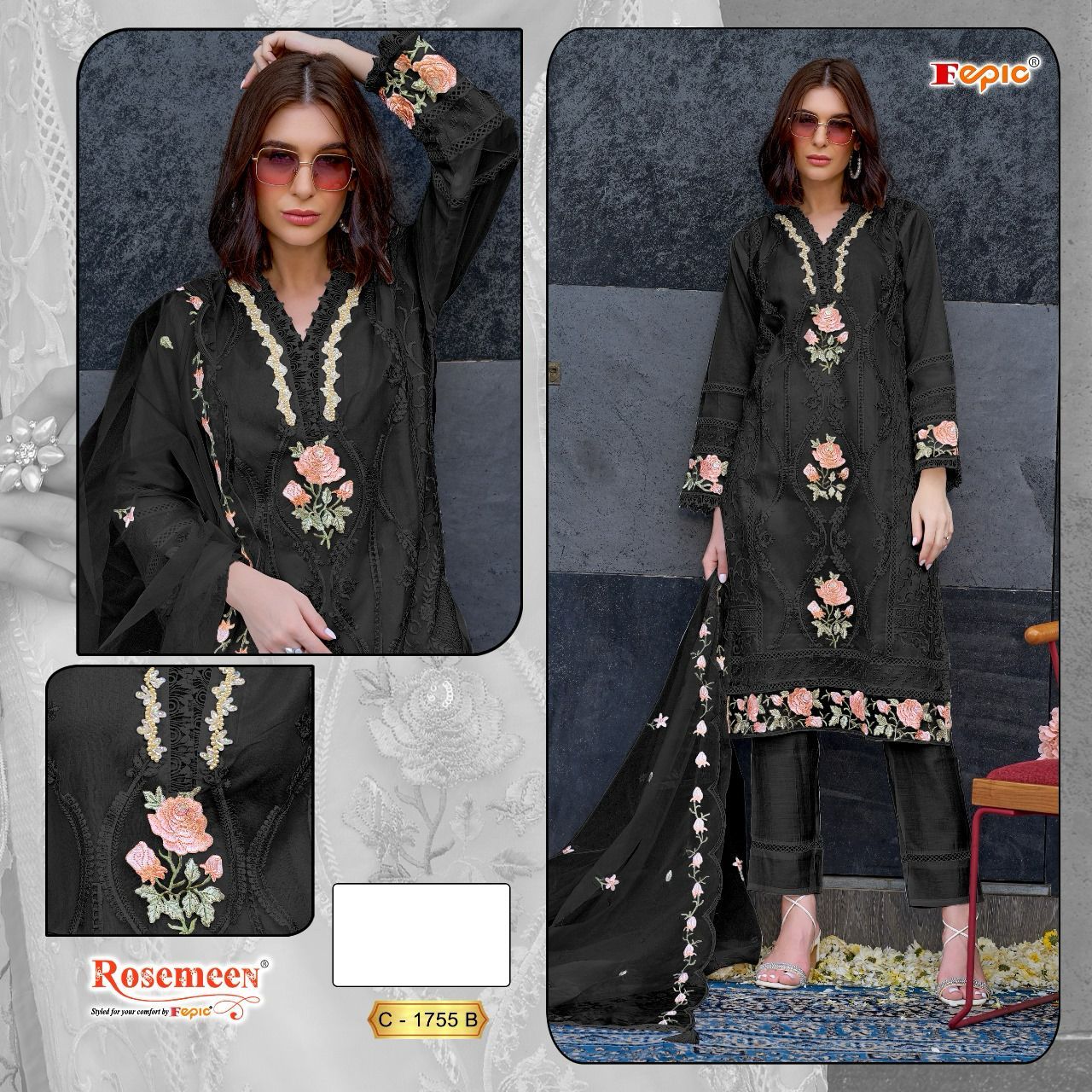 FEPIC 1755 BLACK PAKISTANI SUITS WHOLESALER