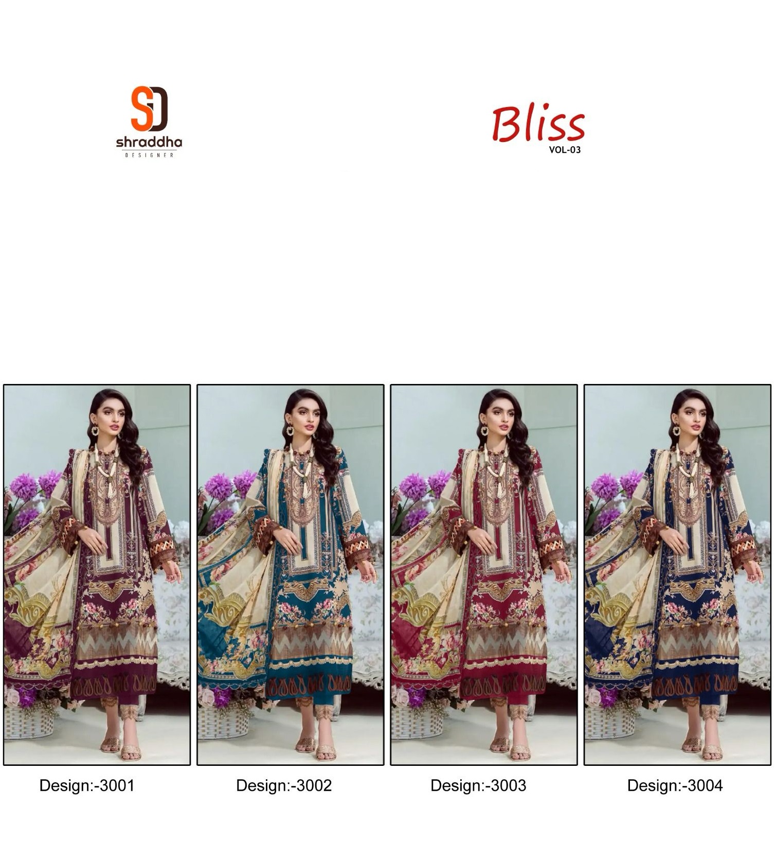 SHRADDHA DESIGNER 3001 TO 3004 BLISS VOL 3 SALWAR SUITS