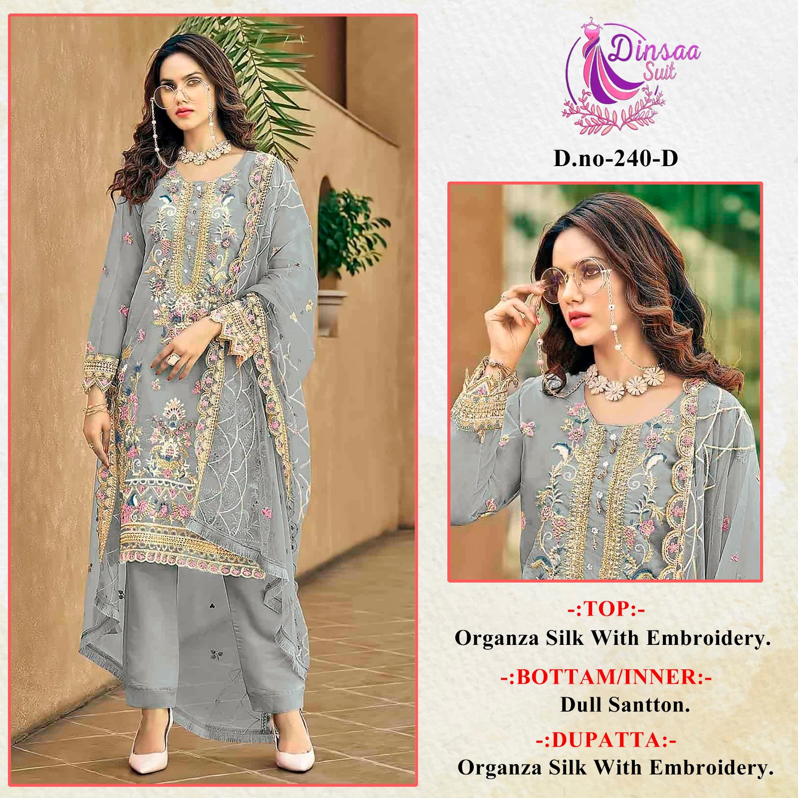 DINSAA SUIT 240 A TO D PAKISTANI SUITS WHOLESALE