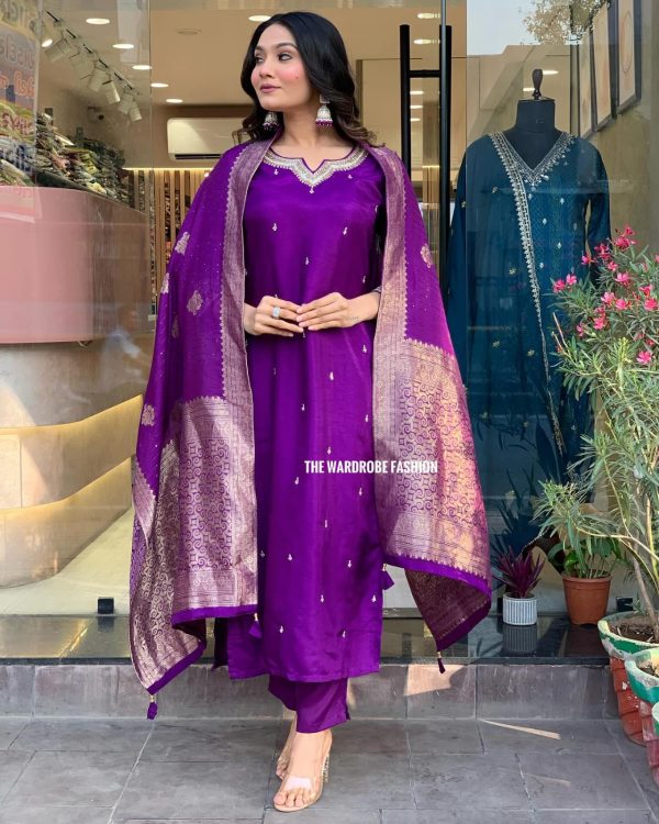 AKSHAR DESIGNER PURPLE CHANDERI SILK SUITS