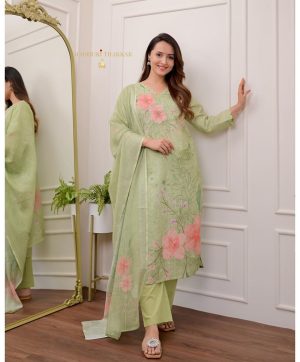 AKSHAR DESIGNER PURE SHIFLI LINEN GREEN SUITS