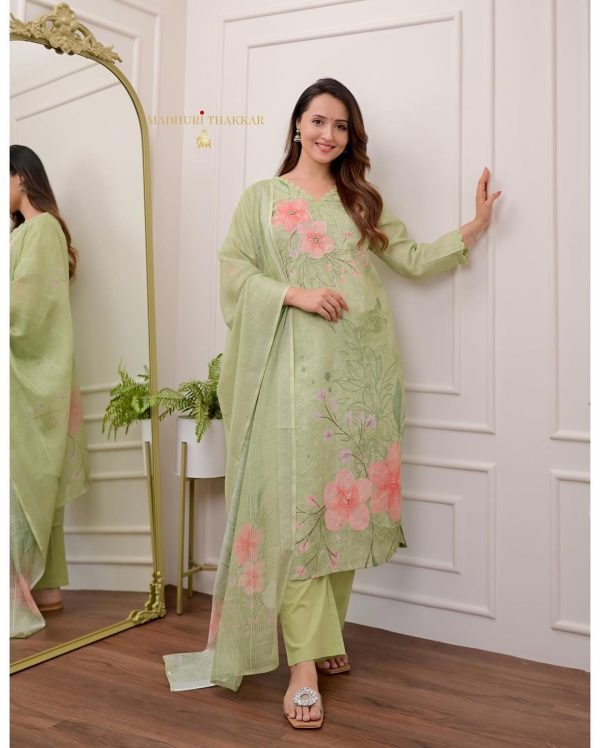 AKSHAR DESIGNER PURE SHIFLI LINEN GREEN SUITS