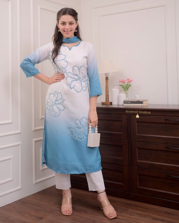 AKSHAR DESIGNER BLUE PURE MOTI HAND WORK KURTI