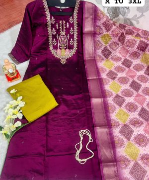 FANCY HAND WORK KURTI WITH DUPATTA PANT SET