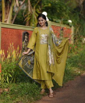 AKSHAR DESIGNER GREEN READYMADE CHANDERI SILK KURTI