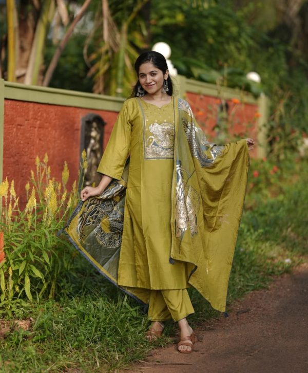 AKSHAR DESIGNER GREEN READYMADE CHANDERI SILK KURTI