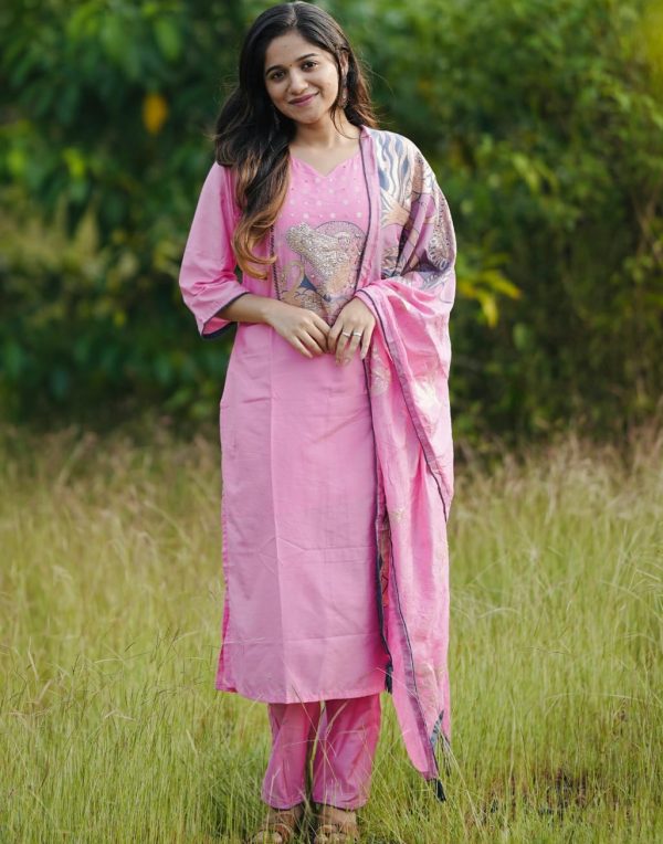 AKSHAR DESIGNER PINK READYMADE CHANDERI SILK KURTI