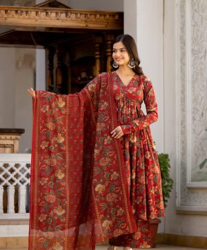 MURTI TRENDS RED VOLUMINOUS ANARKALI SUITS SET