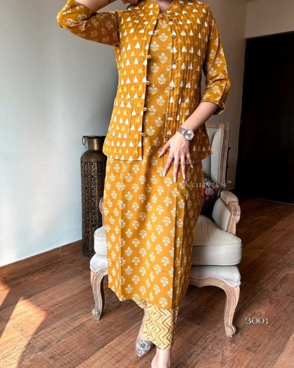 MURTI TRENDS YELLOW COTTON JACKET SUITS SET