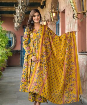 MURTI TRENDS YELLOW VOLUMINOUS ANARKALI SUITS SET