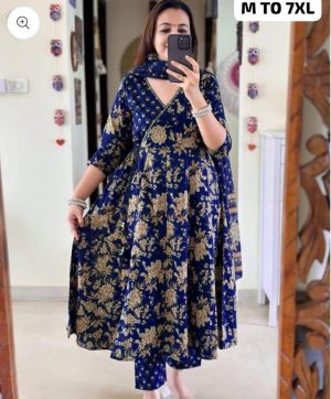 READYMADE BLUE ANARKALI KURTA SET WITH ANGRAKHA STYLE