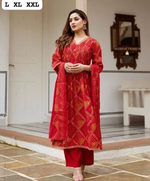 READYMADE RED COTTON CRAFTED SUITS WHOLESALE