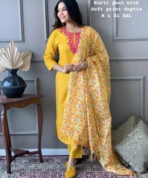 READYMADE YELLOW COTTON LINING WORK KURTI