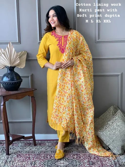 READYMADE YELLOW COTTON LINING WORK KURTI