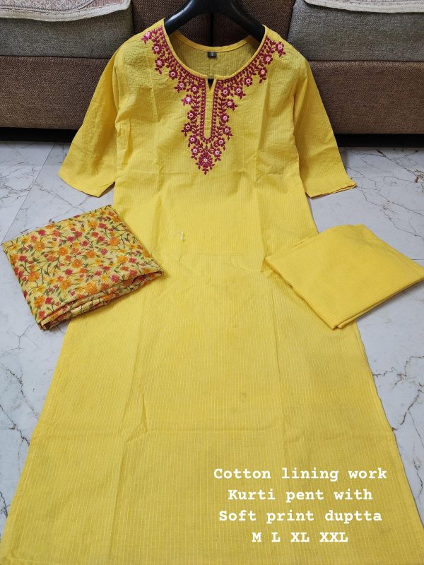 READYMADE YELLOW COTTON LINING WORK KURTI