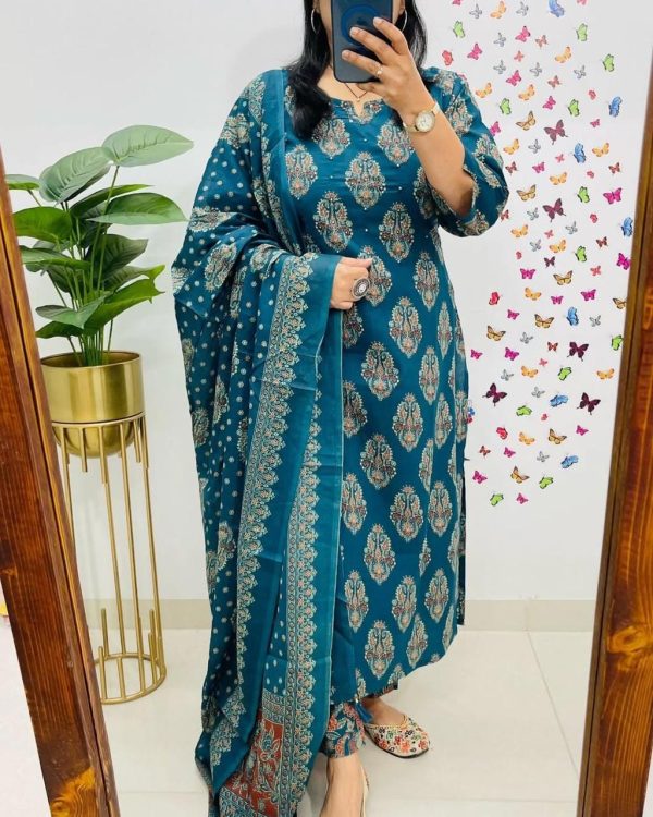 AKSHAR DESIGNER AJARAKH BLUE COTTON KURTI WHOLESALE