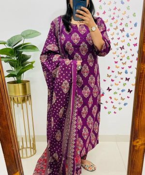 AKSHAR DESIGNER AJARAKH PURPLE COTTON KURTI WHOLESALE