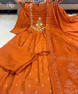AKSHAR DESIGNER ORANGE THREE PIECE SUITS SET WHOLESAE