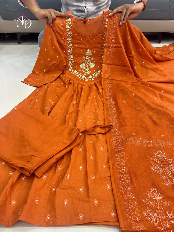 AKSHAR DESIGNER ORANGE THREE PIECE SUITS SET WHOLESAE