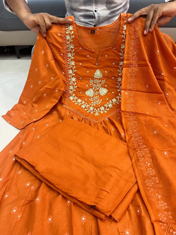 AKSHAR DESIGNER ORANGE THREE PIECE SUITS SET WHOLESAE