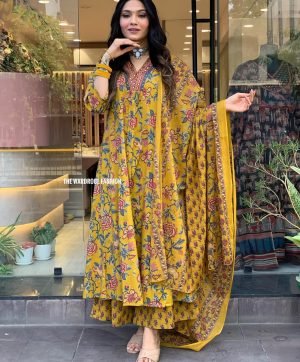 AKSHAR DESIGNER YELLOW CAMBRIC COTTON FLARED KURTI