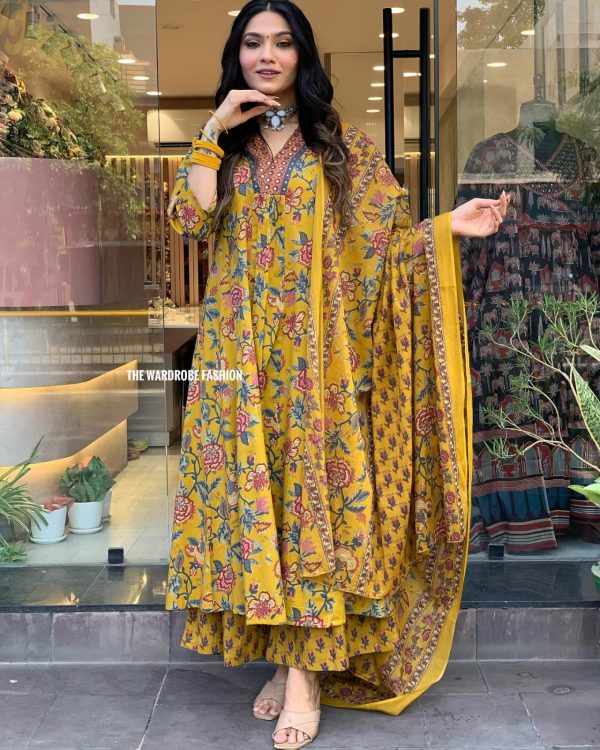 AKSHAR DESIGNER YELLOW CAMBRIC COTTON FLARED KURTI