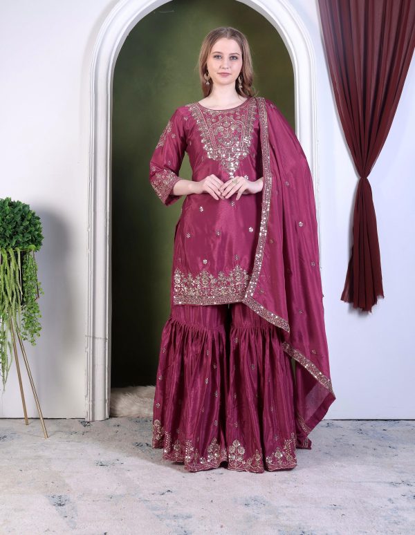 HK 1699 A DESIGNER CHINON SILK SHARARA SUITS