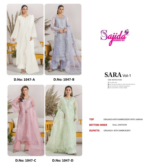 SAJIDA DESIGNERS 1047 A B C D SARA VOL 1 ORGANZA SUITS