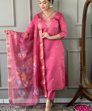 SHRUTI CREATION PINK ROMAN SILK 3 PIECE SUIT SET