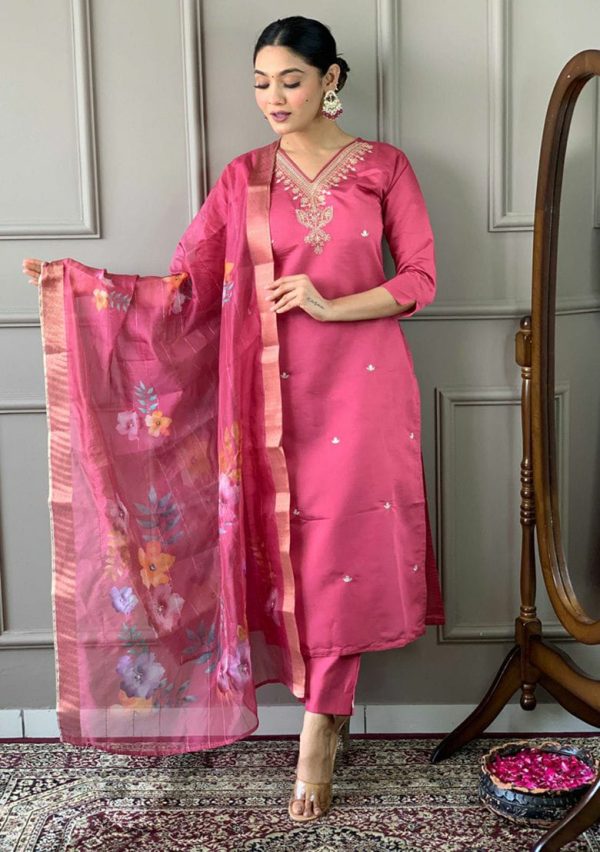 SHRUTI CREATION PINK ROMAN SILK 3 PIECE SUIT SET