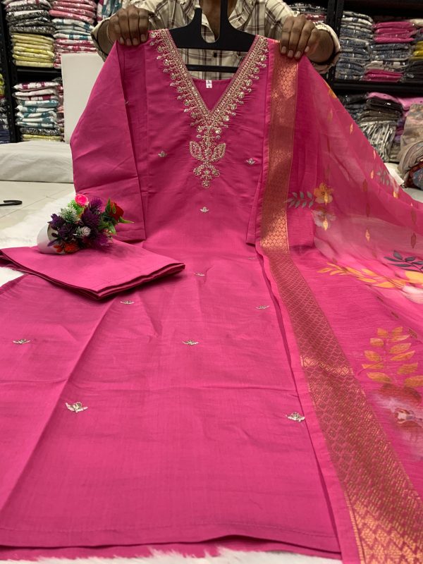 SHRUTI CREATION PINK ROMAN SILK 3 PIECE SUIT SET